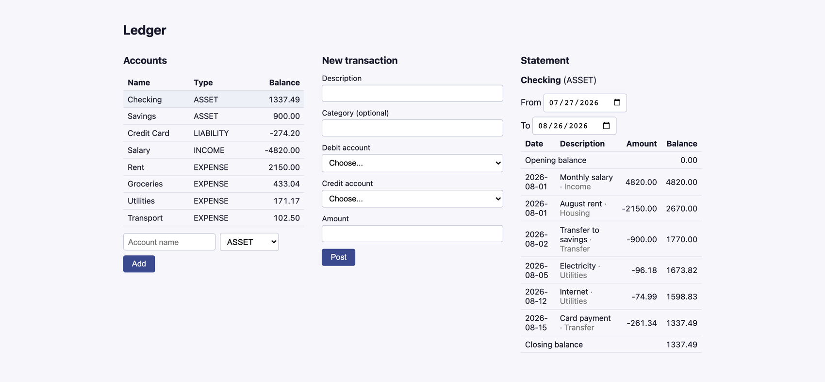 Ledger interface showing accounts, a posting form and an account statement