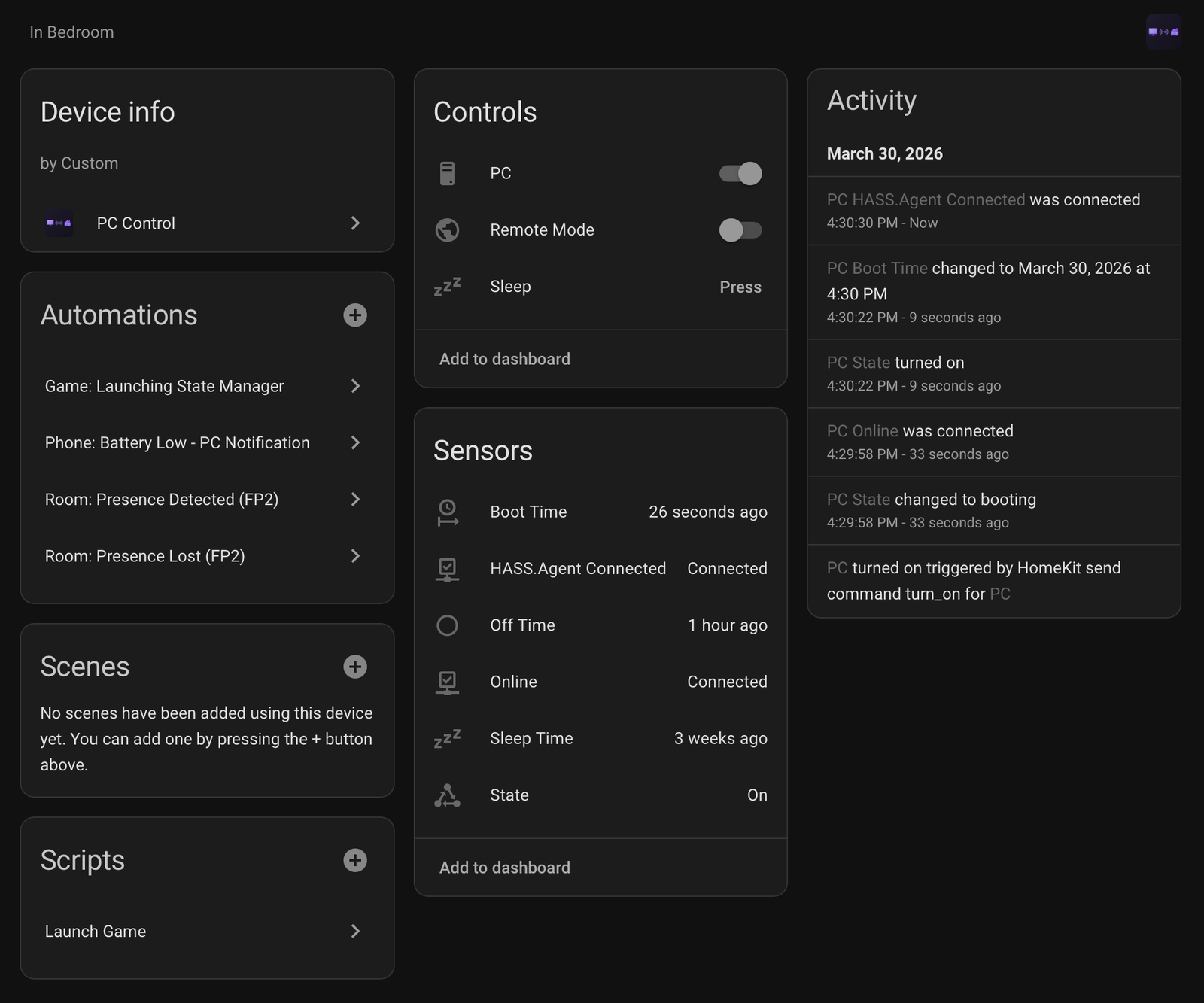 Home Assistant device page for PC Control