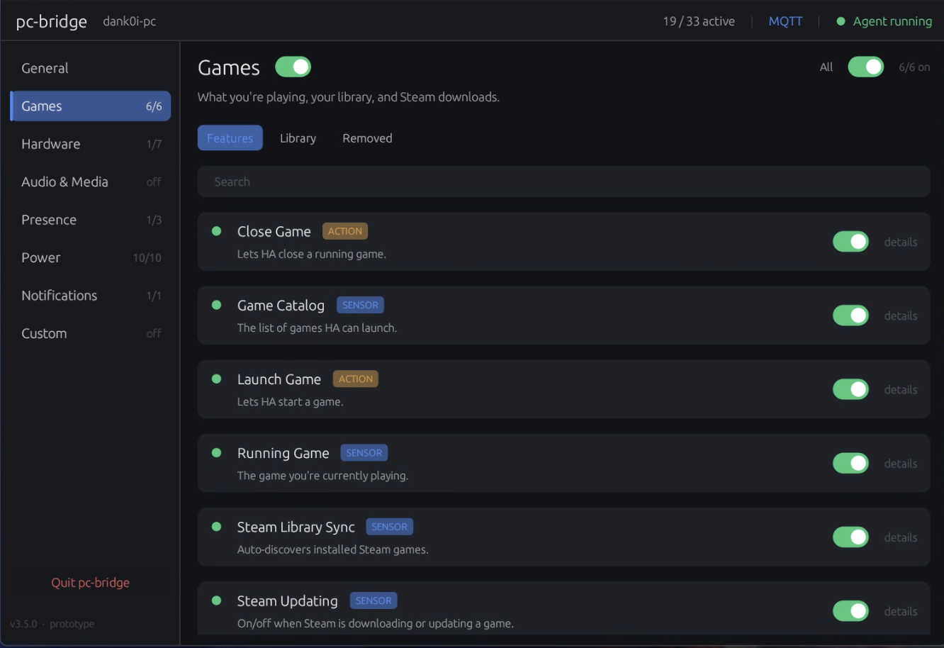 pc-bridge settings window showing per-feature toggles